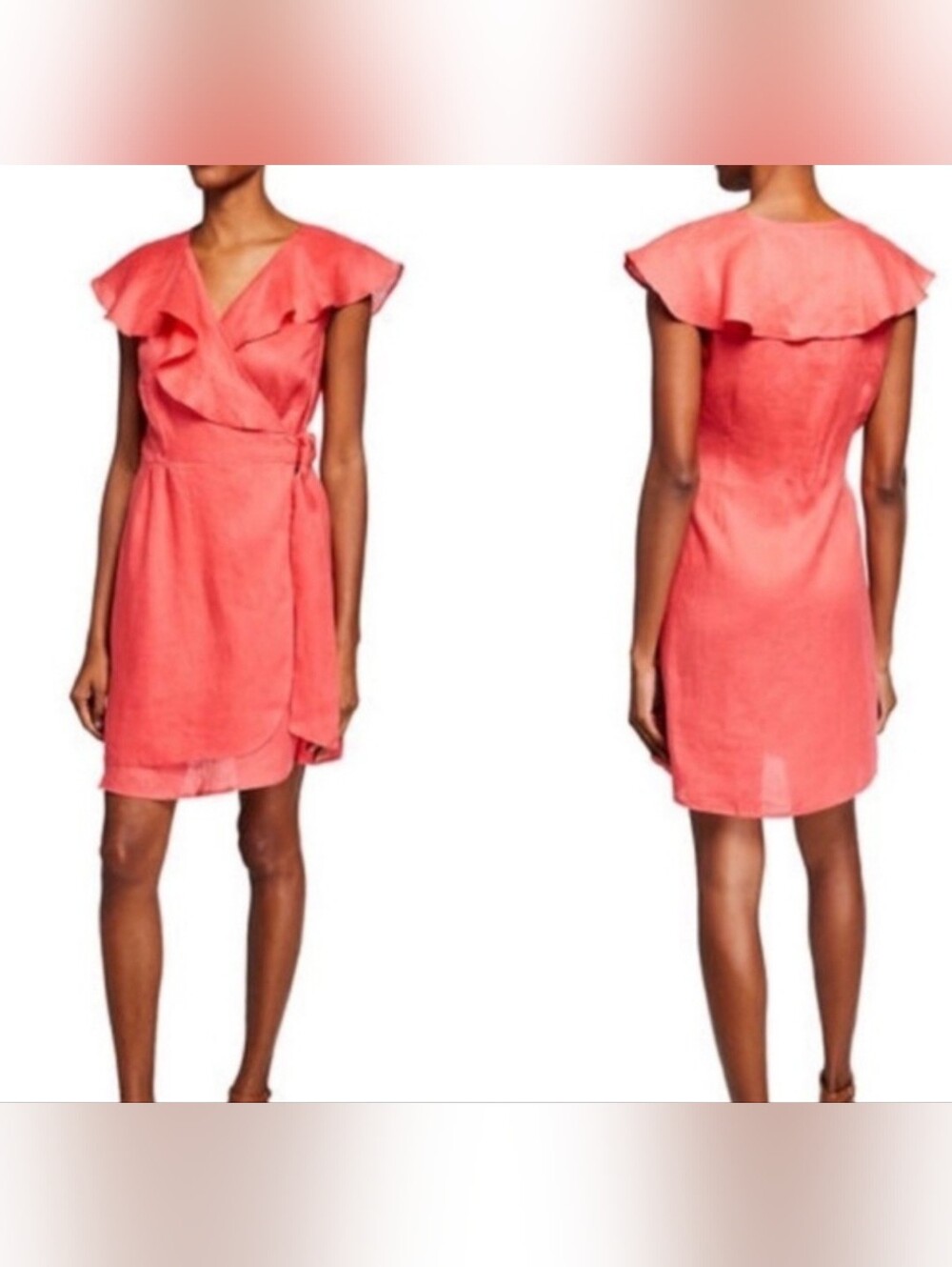 Neiman Marcus Linen Coral Wrap Mini Dress with Ruffle Sleeveless XS